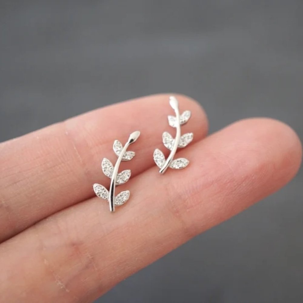 925 Sterling Silver Tiny Leaves Olive Leaf Dainty Minimalist Women Stud Earrings